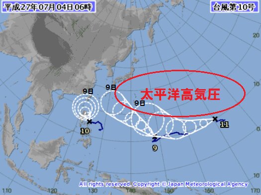 ３つの台風の進路に大きく影響するのが太平洋高気圧（気象庁HPより、加工了承済み）