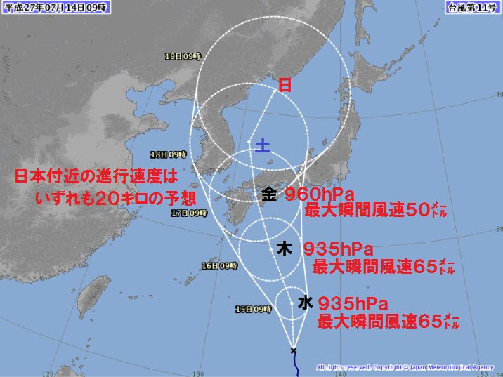 台風は勢力を強めながら北上、西日本縦断へ。（１４日午前９時気象庁ＨＰより）