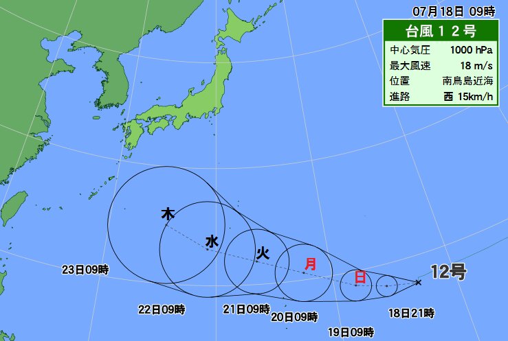 台風１２号は来週後半日本の南へ。その後の進路に要注意。