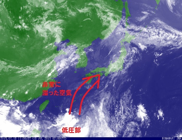南の海上から雨雲や暖湿流が沖縄・奄美経由で西日本へ（気象庁HPより）