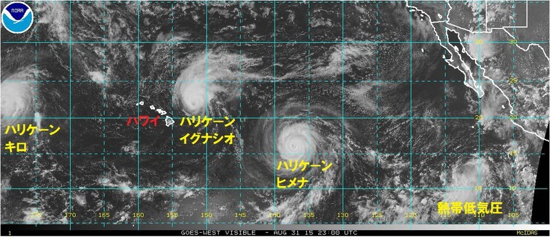 東太平洋に３つのハリケーンと一つの熱帯低気圧が発生中。（NOAAのGOES画像）