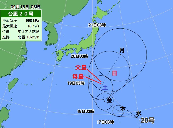 台風２０号は小笠原から日本の東へ進む予想（１６日午前３時現在）