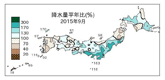 ９月の降水量の平年比。東～北日本の太平洋側で雨が多い。（気象庁HP）