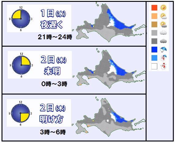 北海道の天気分布予想（１日夜遅く～２日明け方）