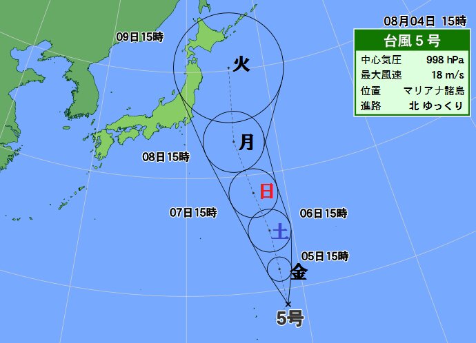 台風５号は発達しながら北上。週明けに関東沖へ。（４日１５時現在）