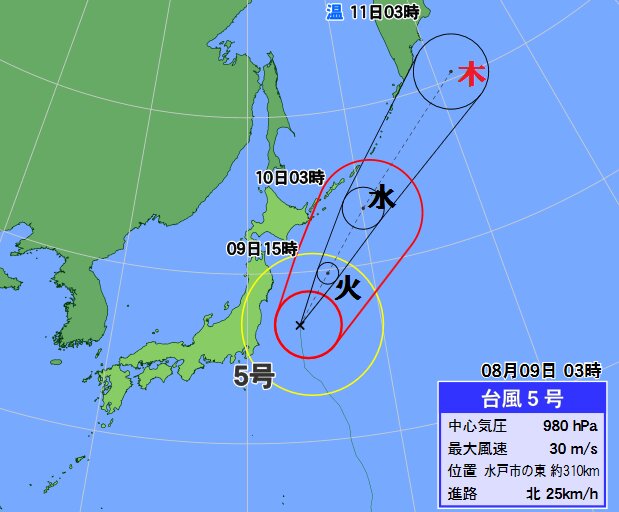 台風５号は日本の東を北上中（９日３時現在）