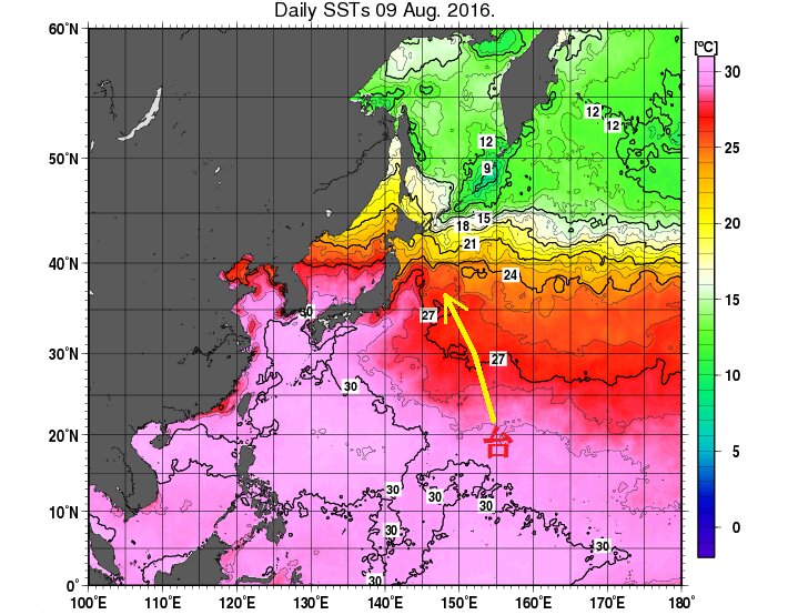 北西太平洋の海水温（８月９日、気象庁ＨＰより）
