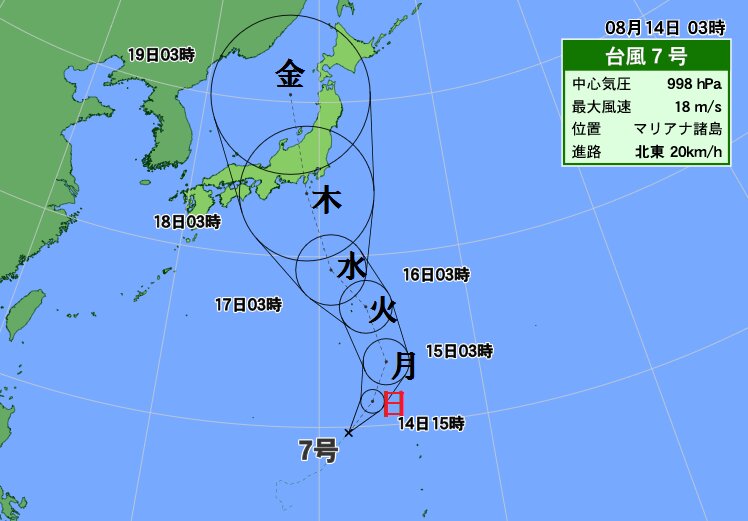 台風７号が発生。今週後半、日本列島に上陸も（１４日午前３時）