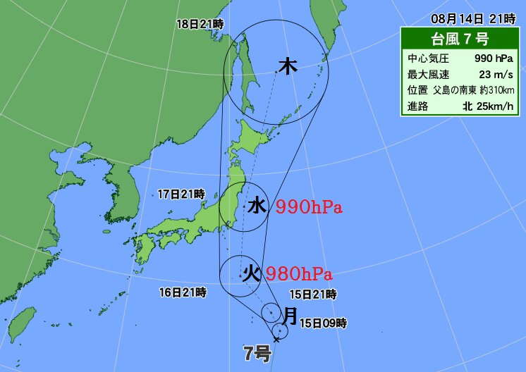 台風７号は足早に関東～北日本へ進む予想。（１４日２１時現在）