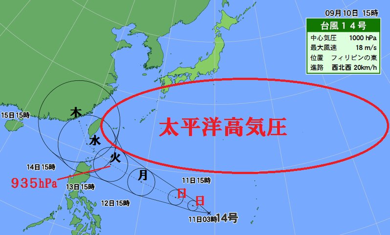 台風１４号の進路予想図（１０日１５時時点）
