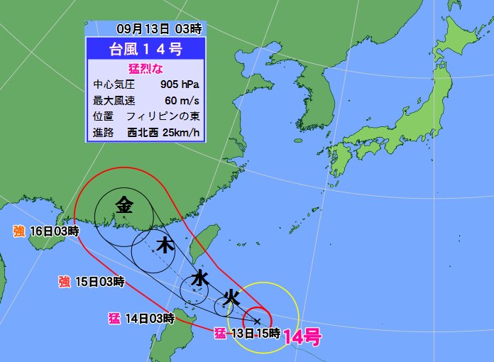猛烈な台風１４号は中国大陸へ（１３日３時時点）