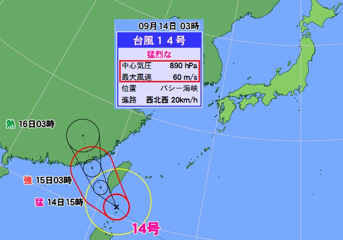 平成最強クラスの台風１４号（１４日３時現在）