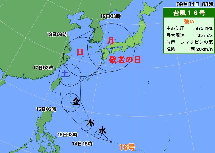 台風１６号は３連休に列島直撃の恐れ（１４日３時現在）