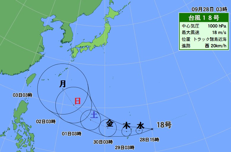 台風１８号は沖縄方面に進む予想（２８日午前３時）
