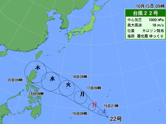 台風２２号の進路予想（１５日午前９時現在）