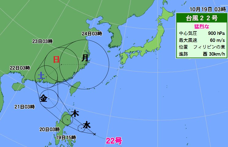 台風２２号の進路予想（１９日午前３時）