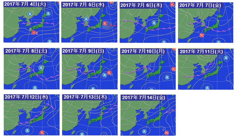 天気図の変化（７月４日～１４日）