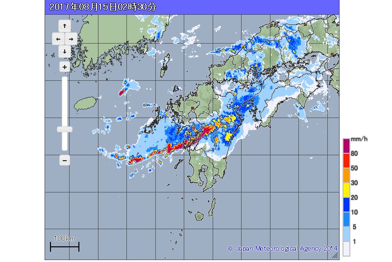 九州で線状の雨雲が発生中（気象庁HPより）