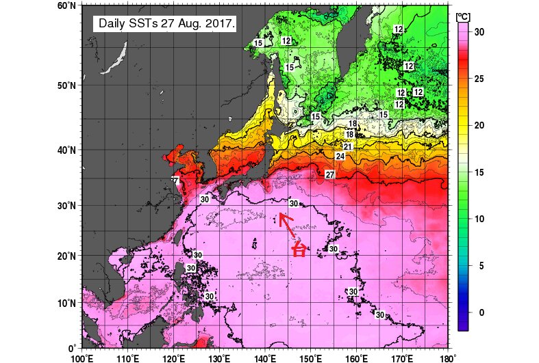台風１５号は海水温のかなり高い海域を北上へ