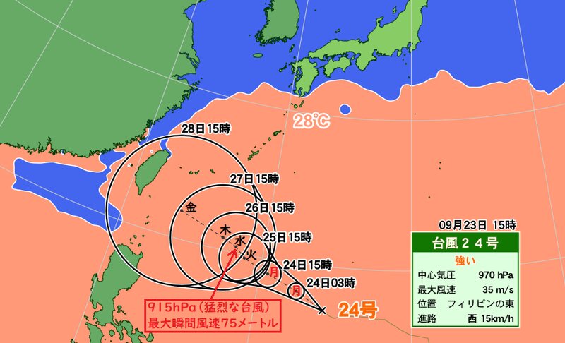 台風２４号の予報円と海水温（ウェザーマップ）