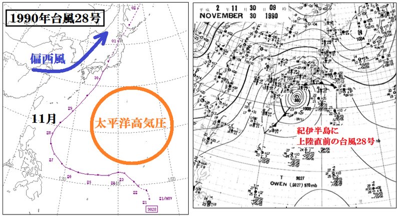 1990年台風28号情報(進路図は気象庁、天気図はデジタル台風より、加工あり)