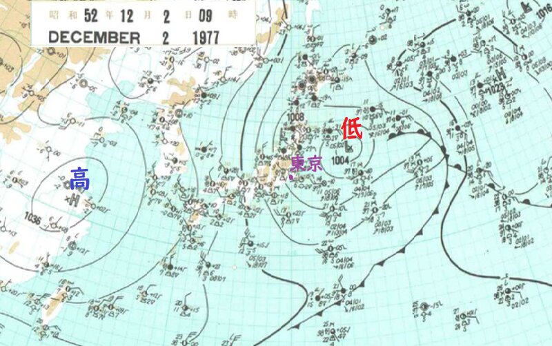 １９７７年１２月２日の天気図（デジタル台風）