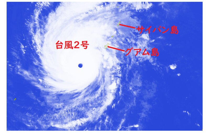 台風２号の雲の様子（２３日２１時、ウェザーマップ）