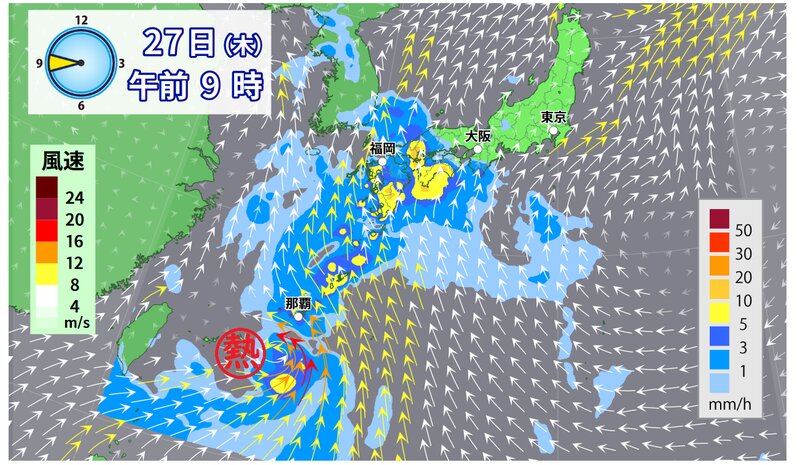 木曜日の雨と風の予想（ウェザーマップ）