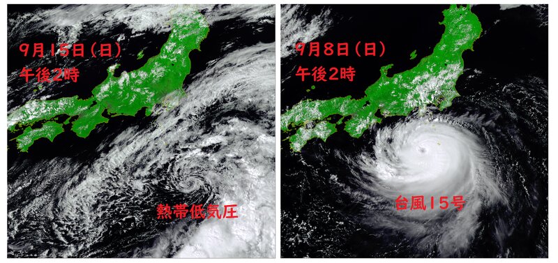 熱帯低気圧と台風１５号の雲（ウェザーマップ）