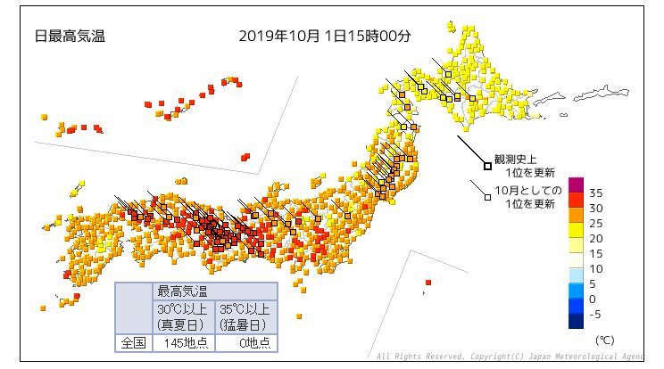 １０月１日の最高気温（気象庁発表資料に加工）