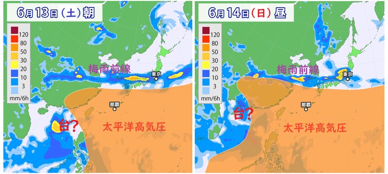 太平洋高気圧や梅雨前線の予想（ウェザーマップ）