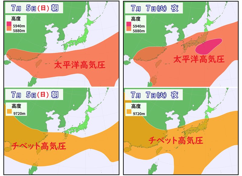 太平洋高気圧とチベット高気圧の予想（ウェザーマップ）