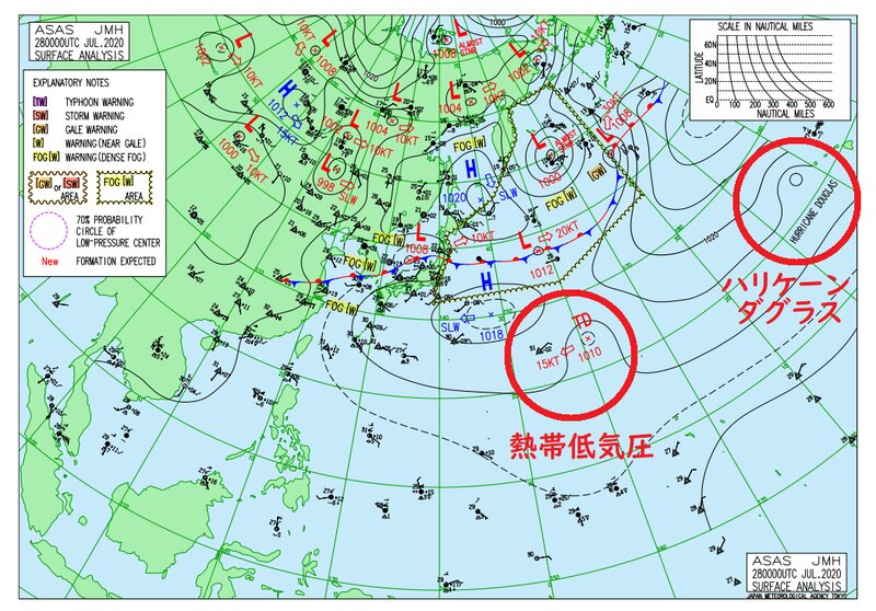 ７月２８日（火）午前９時の実況天気図（気象庁発表資料に加工）
