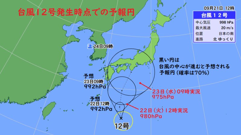 台風１２号が発生した時点の予報円と実況（ウェザーマップ）
