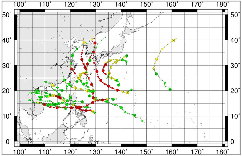 ２０２０年の台風経路図（国立情報学研究所より）