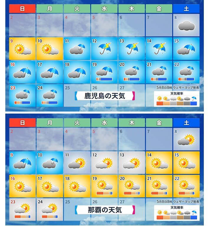 鹿児島と那覇の天気（ウェザーマップ）