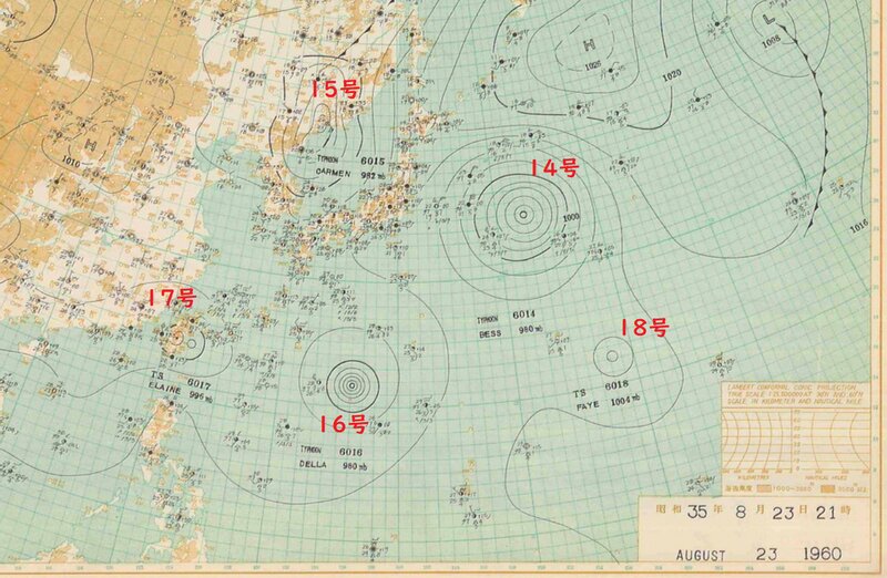 １９６０年８月２３日２１時の天気図（国立情報学研究所資料に筆者加工あり）