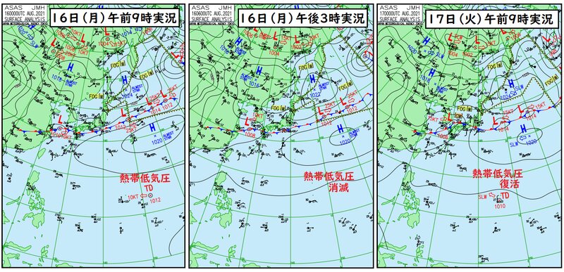 実況天気図の変化（気象庁発表に筆者加工あり）