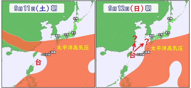 台風１４号と太平洋高気圧の予想（ウェザーマップ）