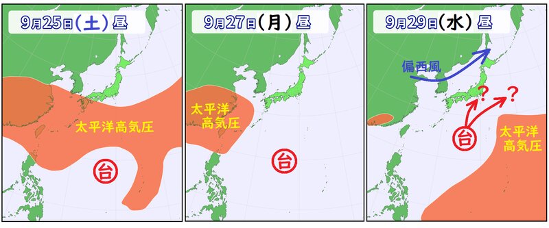 台風１６号と太平洋高気圧と偏西風の予想（ウェザーマップ）