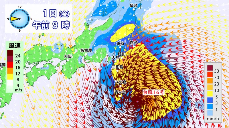 雨や風の予想（台風予報円とはズレがあり、ウェザーマップ）