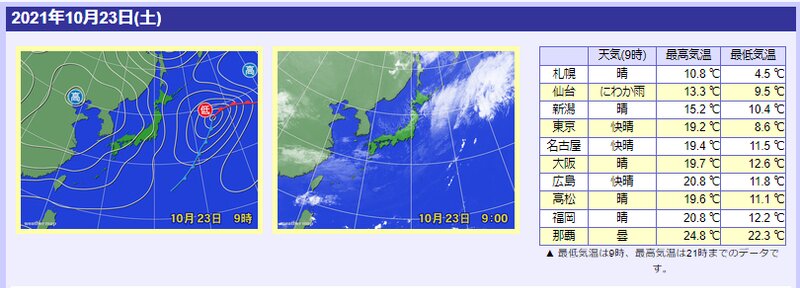 １０月２３日の気象状況（ウェザーマップ）