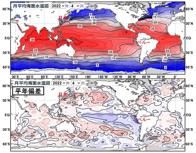 月の海面水温と平年偏差（気象庁発表に筆者加筆あり）