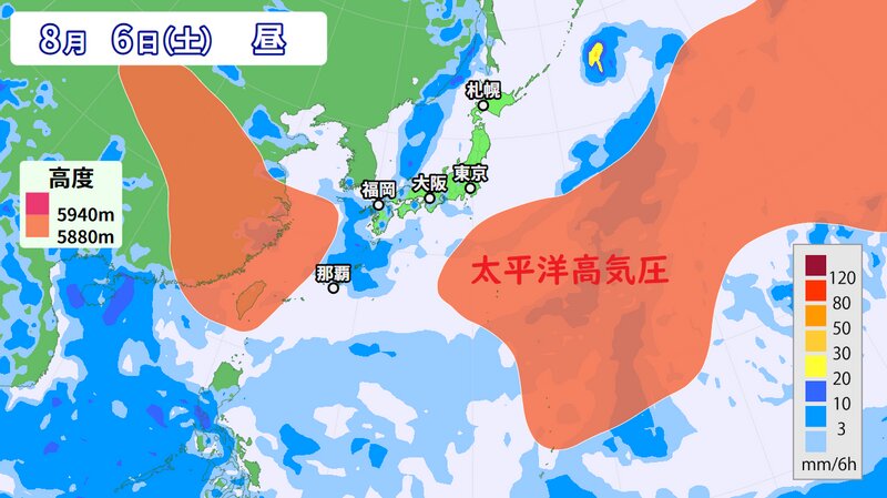 降水域と太平洋高気圧の予想（ウェザーマップ）