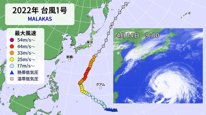 ２０２２年の台風１号（ウェザーマップ資料をもとに筆者作成）