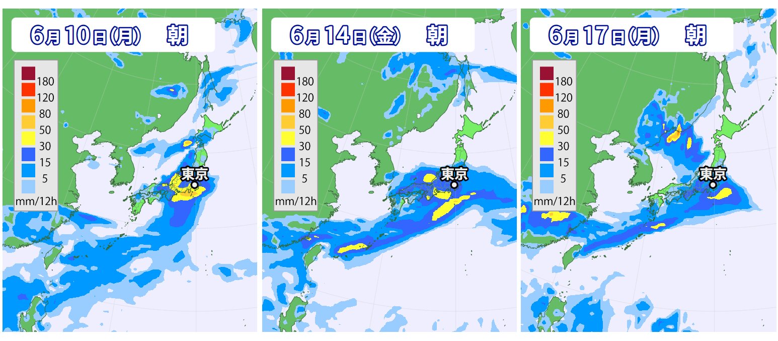 梅雨前線や低気圧に伴う関東付近への降水域予想（ウェザーマップ）
