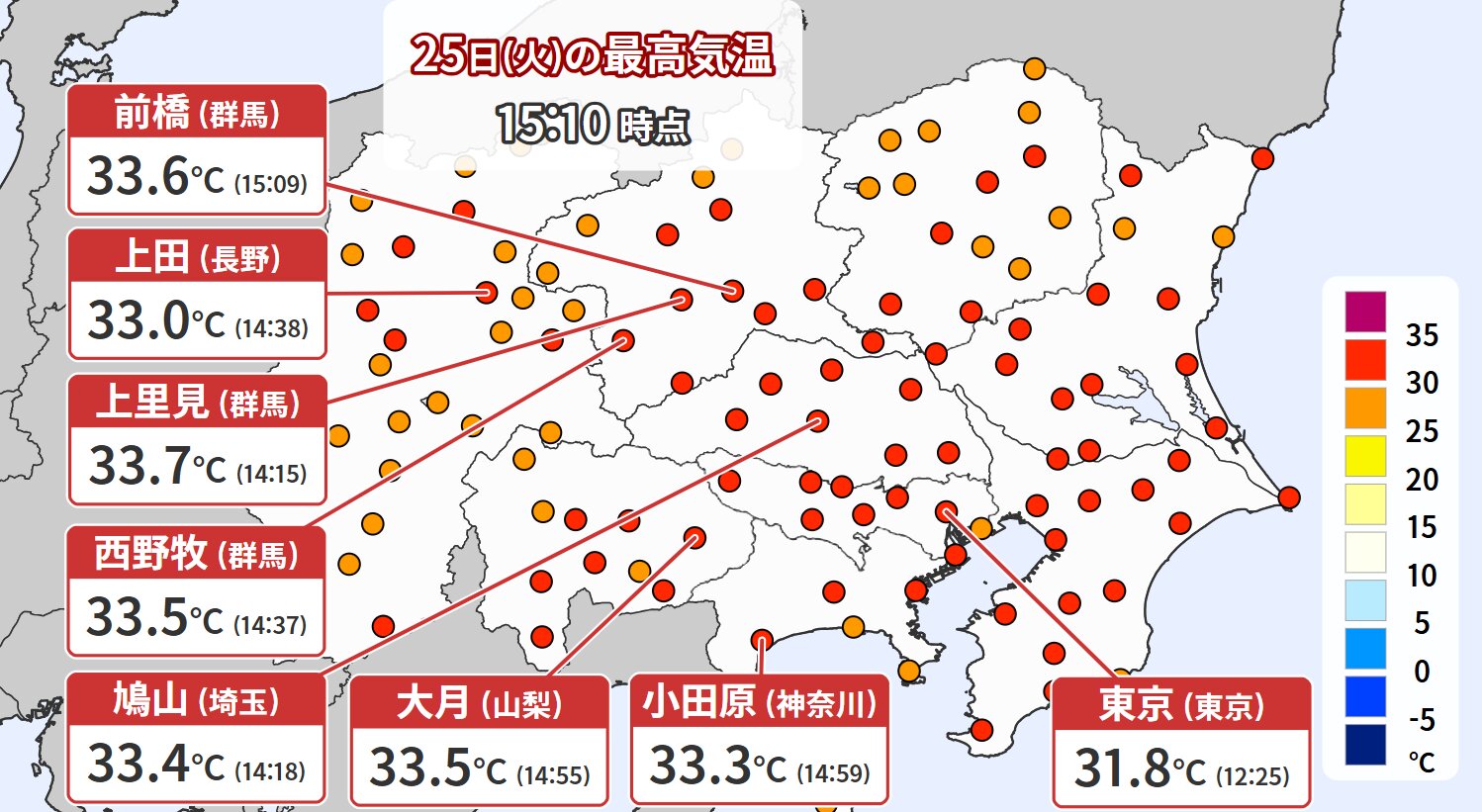関東甲信の最高気温（ウェザーマップ）