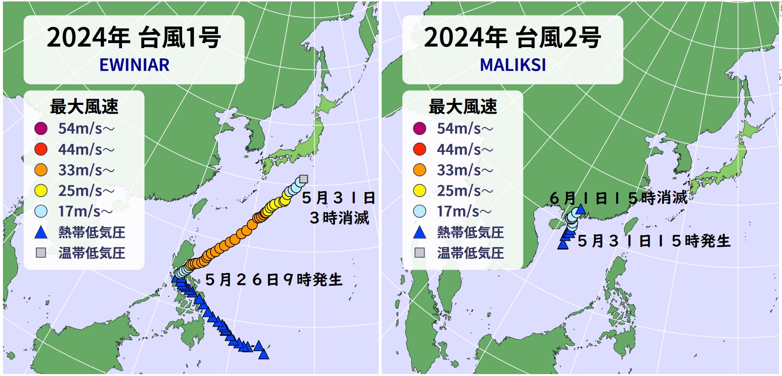 台風１号と２号の進路図（ウェザーマップ）