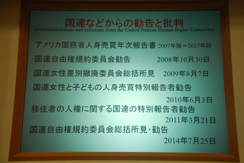 「国際機関からの批判と勧告」(鳥井氏講演資料)、筆者撮影
