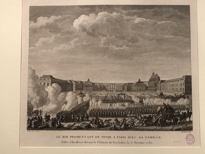1789年10月6日、王たちがパリへ逃れた日のヴェルサイユを描いた銅版画